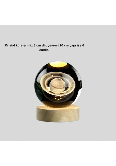 Satürn Desenli Kristal Küre Led Gece Lambası Ahşap Standlı Renkli
