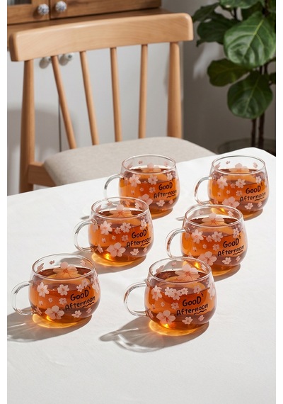 Porsima 2089 6lı Borosilikat Isıya Ateşe Dayanıklı Cam Kulplu Çay Bardağı Kahve Bardak Kupa Sarı 400 Ml
