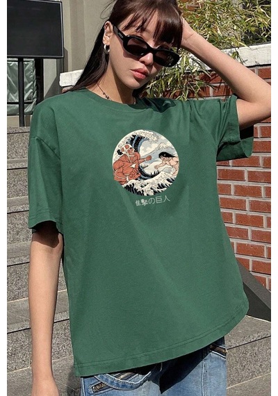 Flood Of Style Unisex Kanagawa Oki Nami Ura Baskılı T-shirt Yeşil