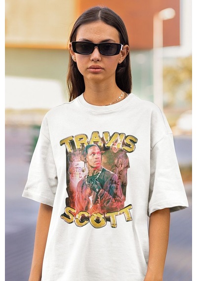 Travis Scott Rapper Baskılı Unisex Oversize Tişört Beyaz