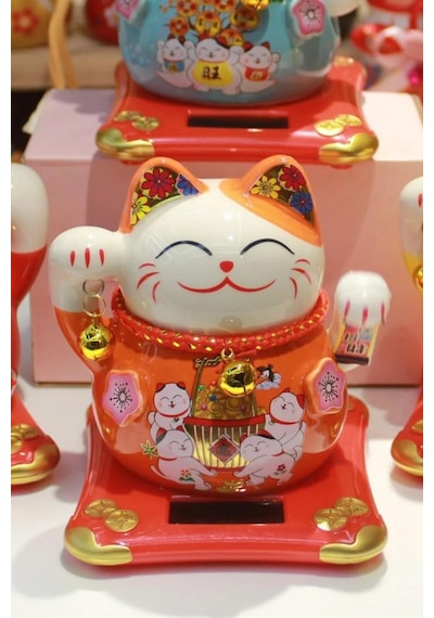 Seramik Maneki Neko Turuncu Güneş Enerjili Şans Kedisi 12cm No.4