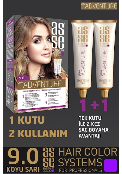 Asse Adventure Set Saç Boyası, Kalıcı Ve Canlı Renkler 1+1 İki Kullanım Seti No:9.0 Koyu Sarı