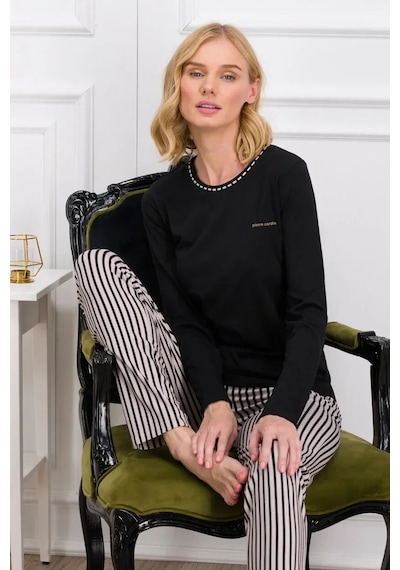 Pierre Cardin 8766 Kadın Uzun Kollu Bisiklet Yaka Pijama Takımı-siyah Siyah