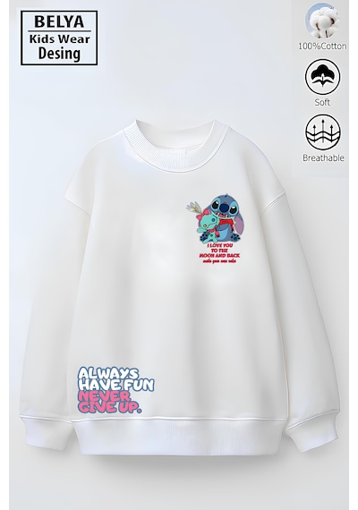 Tam Kalıp Oversize Kız Çocuk Pamuğa Pamuk 3 İplik Kumaş Stıt2 Tasarım Sweatshirt Beyaz