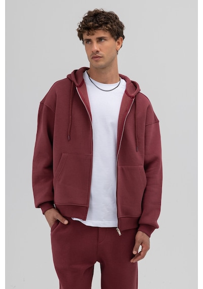 Vamos Basic Fermuarlı Oversize Kapüşonlu Sweatshirt Bordo