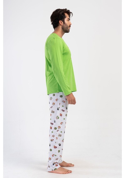 Yake Store Ceplı Erkek P.suprem O Yaka Uzun Kol Pıjama Takım - Brıght Green Yeşil