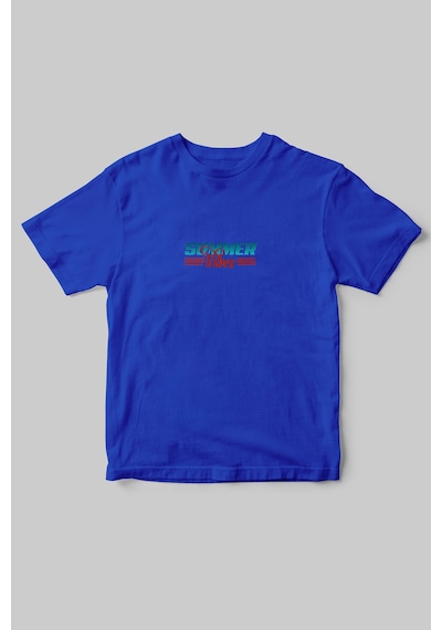Summer Vibes Yazlık Kısa Kollu Kumsal Güneş Tasarımlı Minimal %100 Pamuk Bisiklet Yaka Mavi T-shirt Saks Mavi