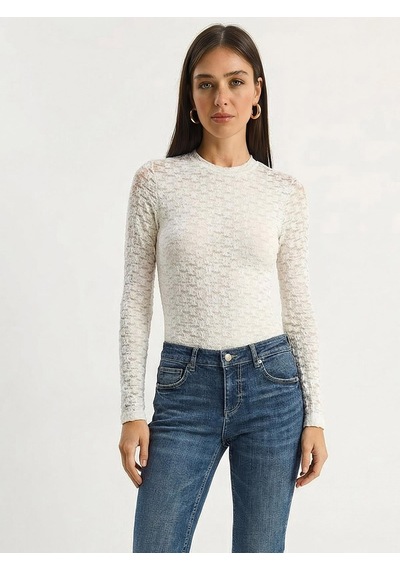 Shade Kadın Uzun Kollu Yarım Balıkçı Yaka Transparan Tül Dantel Bodysuit 1034 60283930 - Beyaz