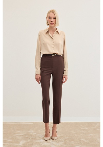 Sateen Kemerli Pantolon - Kahve-136467 Kahve