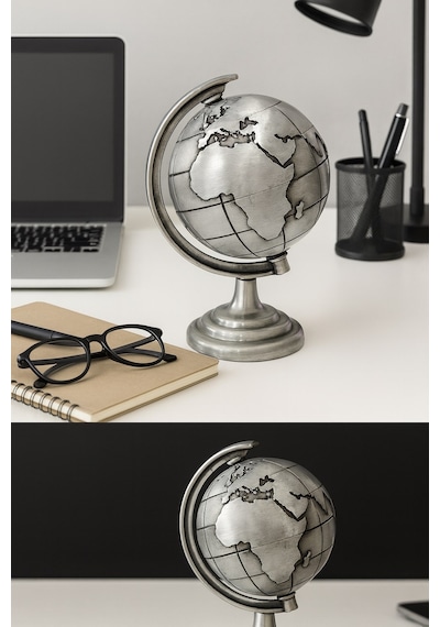 Ofis Ve Ev Dekoru İçin Metal Dünya Küresi Gri Masaüstü Süs, 13x9 Cm