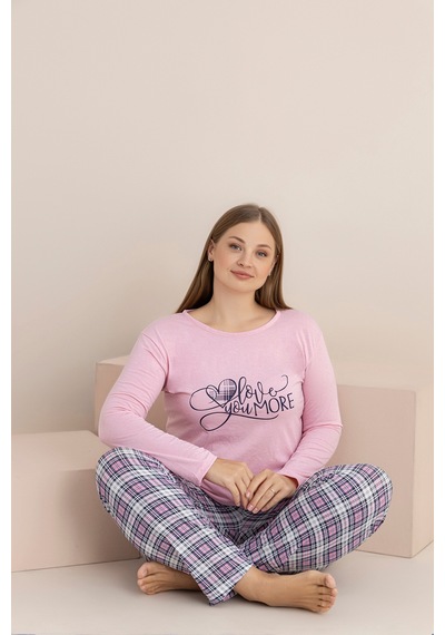 Rindahomewear Büyük Beden Süprem Uzun Kol Pijama Takımı Pembe1