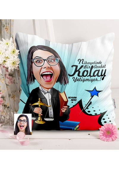 Kişiye Özel Bayan Avukat Karikatürlü Saten Yastık - 2