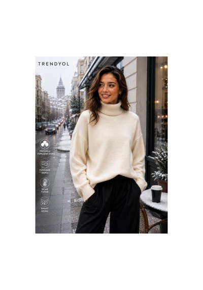 Hira Life Fashion Sfg Life Moda Kadın Balıkçı Yaka Tüylü Şardonlu Oversize Kazak Bej Bej