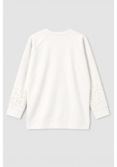 Markapia Kadın Oversize Taş Detaylı Geniş Kalıp Sweatshirt Beyaz