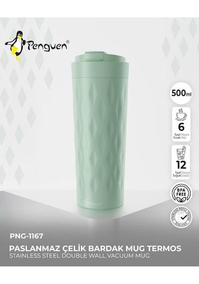 Png-1167 500ml Flip Kapak Desenli Çelik Mug 6 Saat Sıcak 12 Saat Soğuk Sızdırmaz & Bpa Free Açık Yeşil