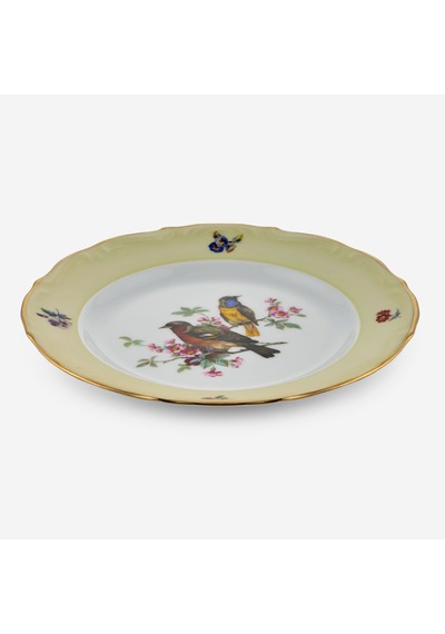 Yeşil Kuşlu Ekru Porselen Pasta Tabağı 19 Cm