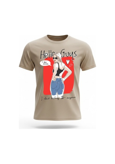 Urbantrendstore Unisex Hello Guys Kalpli Kız Temalı Oversize Fit Rahat Geniş Salaş T-shirt Günlük Tişört Bej