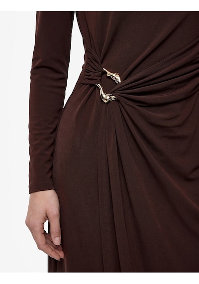 Koton Koton X Sibil Çetinkaya - Uzun Kollu Dik Yaka Metal Aksesuarlı Slim Fit Maxi Elbise Kahverengi 7wak80008fk Kahve
