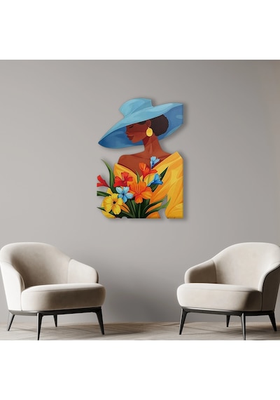 Mavi Şapkalı Kadın Çiçek - Metal Tablo - Dec0120 68 X 95 Cm Çok Renkli