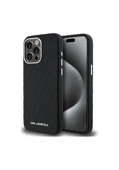 Apple Uyumlu iPhone 15 Pro Max Kılıf Karl Lagerfeld Lisanslı Pu Deri Damgalı Metal Yazı Logolu Kapak Siyah