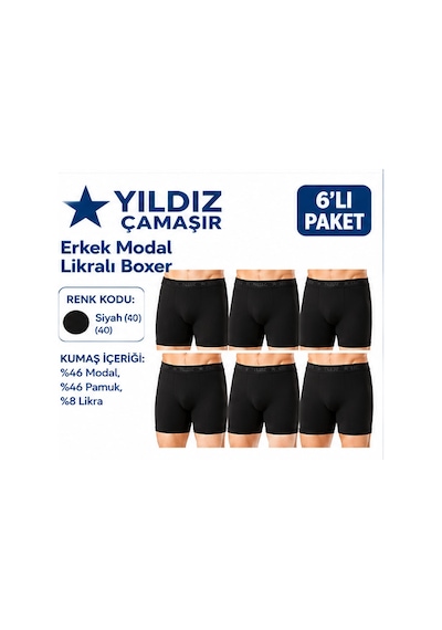 Yıldız Çamaşır Erkek Modal Likralı Boxer 36-37-38-39-40-41-42 - 6 Adet Siyah
