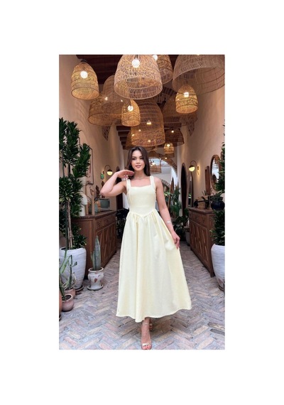 Moda Banuş Sarı Taş Baskılı A Kesim Bağcıklı Elbise-dar Kalıp