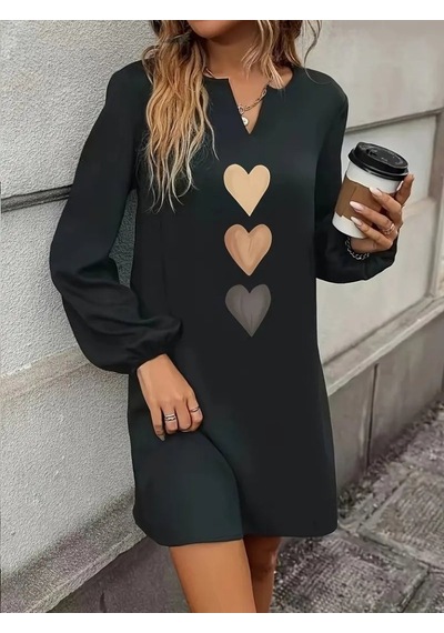 Efnaz Style Kadın Uzun Kollu V Yakalı Kalp Desenli Mini Ithal Krep Elbise Siyah