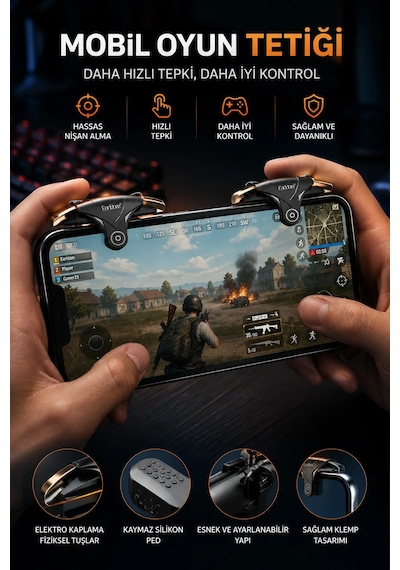 Exenar - Gri - Telefon Tetik Tuşu Oyun Tetiği Gamer Oyun Konsolu Pubg Vs Çeşitli Oyunlarla Uyum 2 Li Set