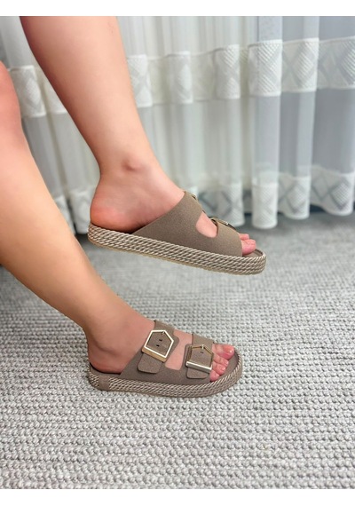 Asmi Shoes Kadın Eleni Vizon Süet Çift Tokalı Rahat Taban Terlik
