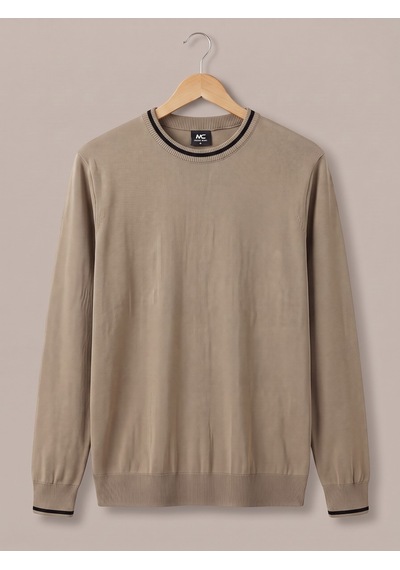 Maccali Erkek Bej Kontrast Şeritli Bisiklet Yaka Triko Sweatshirt
