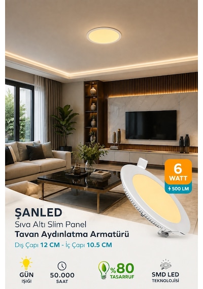 Şanled 6w Tasarruflu Led Yuvarlak Gün Işığıı Sıva Altı Slim Panel 1 Adettir Gün Işığı