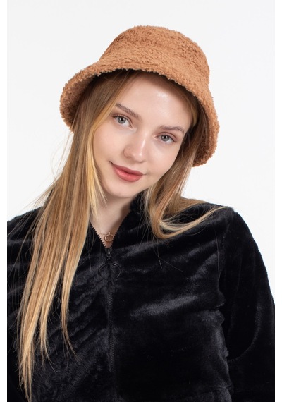 Ladycolor Kadın Kışlık Şapka Peluş Kumaş Bucket Modeli Camel Camel
