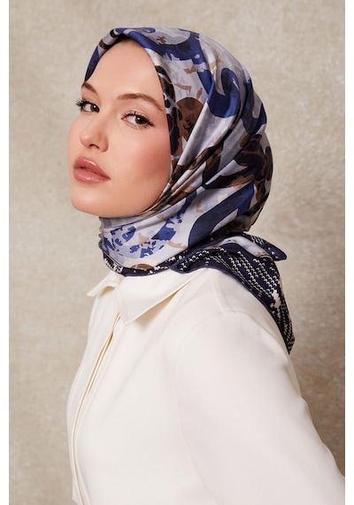 Levidor Desenli Twill İpek Eşarp-0918 Lacivert