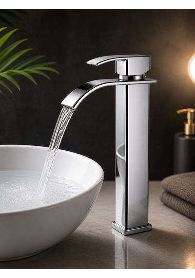 Krom Şelale Lavabo Bataryası Uzun Çanak Lavabo Musluğu Modern Çift Su Girişli Banyo Musluğu
