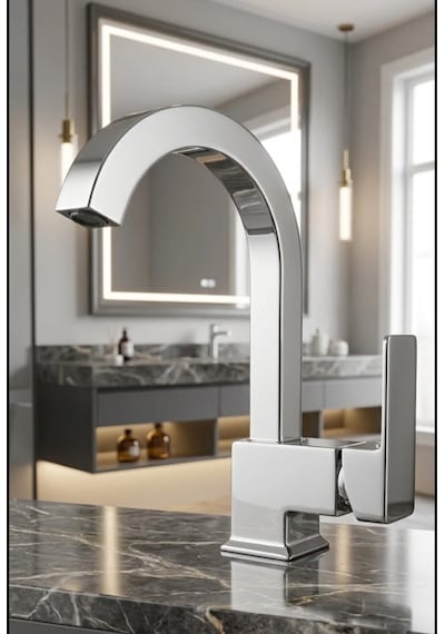 Kare Krom Lavabo Bataryası Tek Kollu Aç Kapa Musluk Modern Lüks Tasarım Profil Paslanmaz