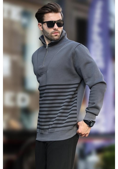 Madmext Füme Fermuar Yakalı Çizgili Sweatshirt 7056-füme Füme