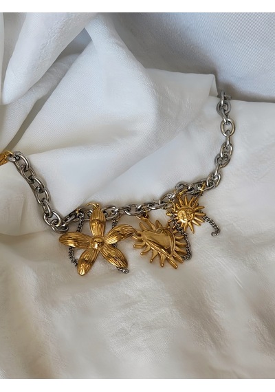 Çiçek Kalp Güneş Çocuk Charmlı Halat Zincir Model Bileklik Gold