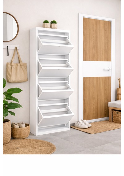 Avenza Living Kilitli 4 Kapaklı Metal Ayakkabılık - Beyaz Beyaz