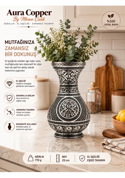 Aura Copper Dekoratif Bakır Vazo 23 Cm Ağır El İşlemeli El Yapımı Obje Çiçeklik Vz-00002