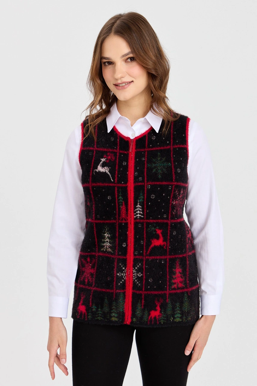 Desen Triko Kadın Sıfır Yaka Patchwork Yılbaşı Desenli Yelek Siyah Siyah