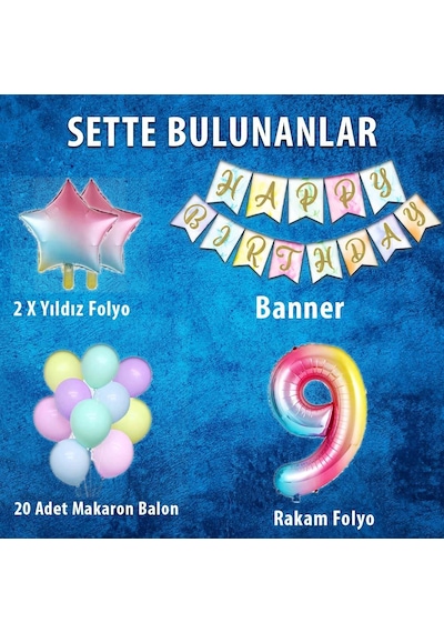 Gökkuşağı Konsepti 9 Yaş Doğum Günü Parti Kutlama Seti Rakam Ve
