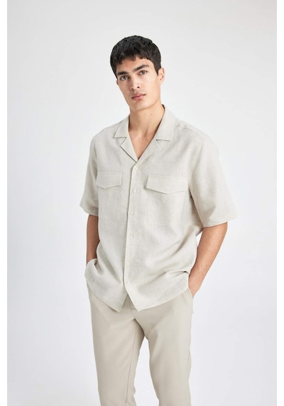 DeFacto %100 Keten Relax Fit Polo Yaka Yazlık Basic Düz Kısa Kollu Gömlek B6687AX24SPBG74