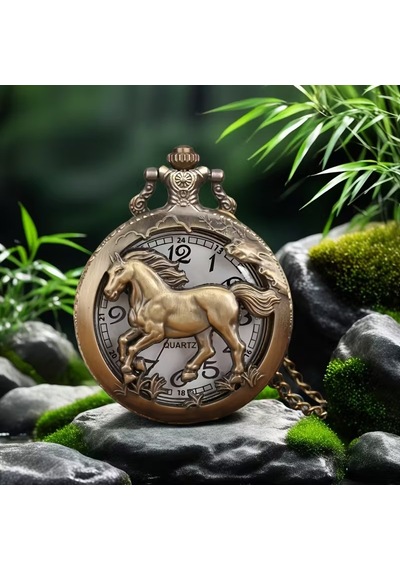 Kişiye Özel At Figürlü Antik Bronz Cep Saati Nostaljik Quartz Zincirli Saat