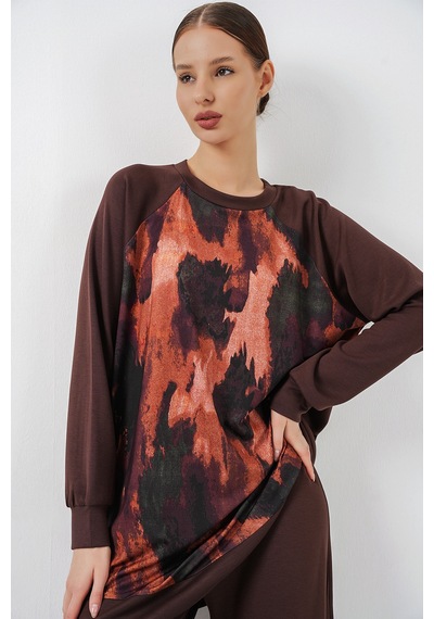 Bigdart Kadın Desenli Oversize Tunik Pantolon İkili Takım 55462 - Kahverengi