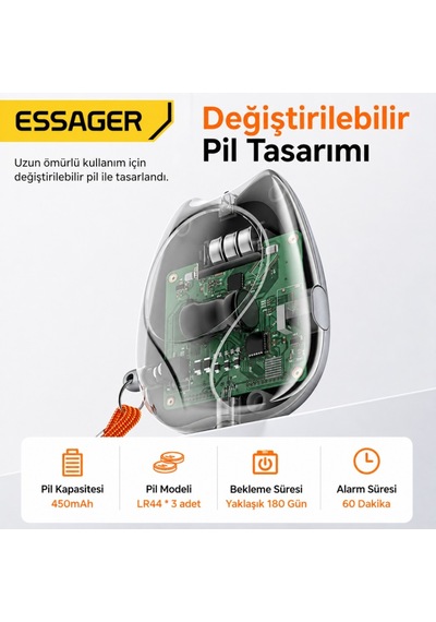 Essager 130 Db Kişisel Güvenlik Alarmı Led Fenerli, Çekmeli Acil Durum Alarmı, 450mah Şarjlı Taşınabilir Anahtarlık