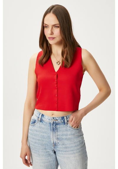 Ritnice Kadın Petite Çıtçıtlı Crop Kırmızı Triko Yelek Kırmızı