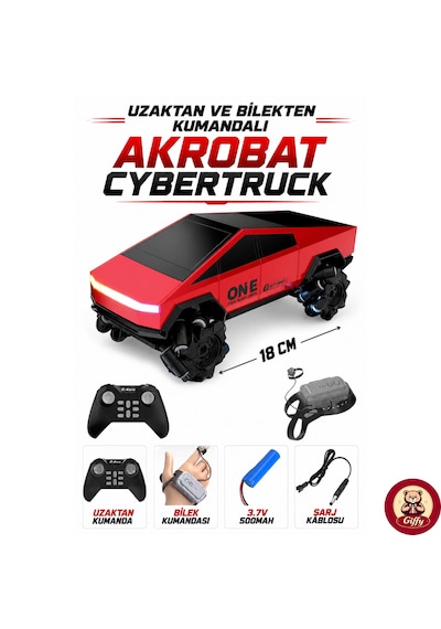 Oyuncak Uzaktan Kumandalı Şarjlı Akrobat Cybertruck Araba 4x4 Drift Araç Bilekten Kumandalı Led Işıklı 2.4 Ghz 6 Farklı Led Işık Modu 18 Cm