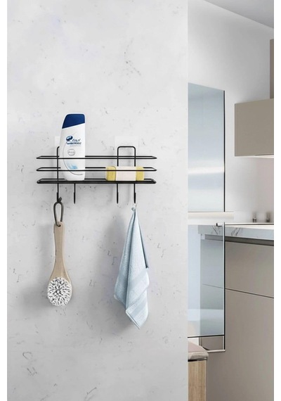 Orret Home Duvara Yapıştırılabilir Banyo Rafı Yapışkanlı Organi Siyah
