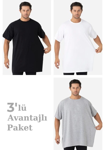 Astrid T Özel Seri Pamuklu Sıfır Yaka Üst Giyim 3'lü Paket Renkli Erkek Büyük Beden Tişört Beyaz Siyah Gri