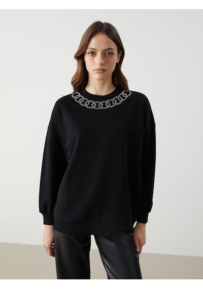 Lcw Modest Siyah Bisiklet Yaka Baskılı Oversize Kadın Sweatshirt